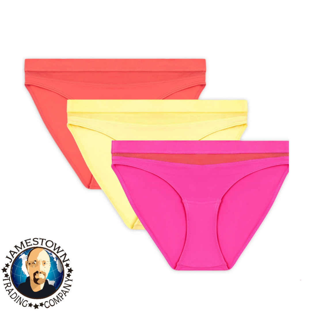 No Boundaries Mesh Madness Bikini Panties (Junior or Women's), 3 Pack Coral Sunrise, Yellow Chamomile, Racy Pink with Coral Sunshine