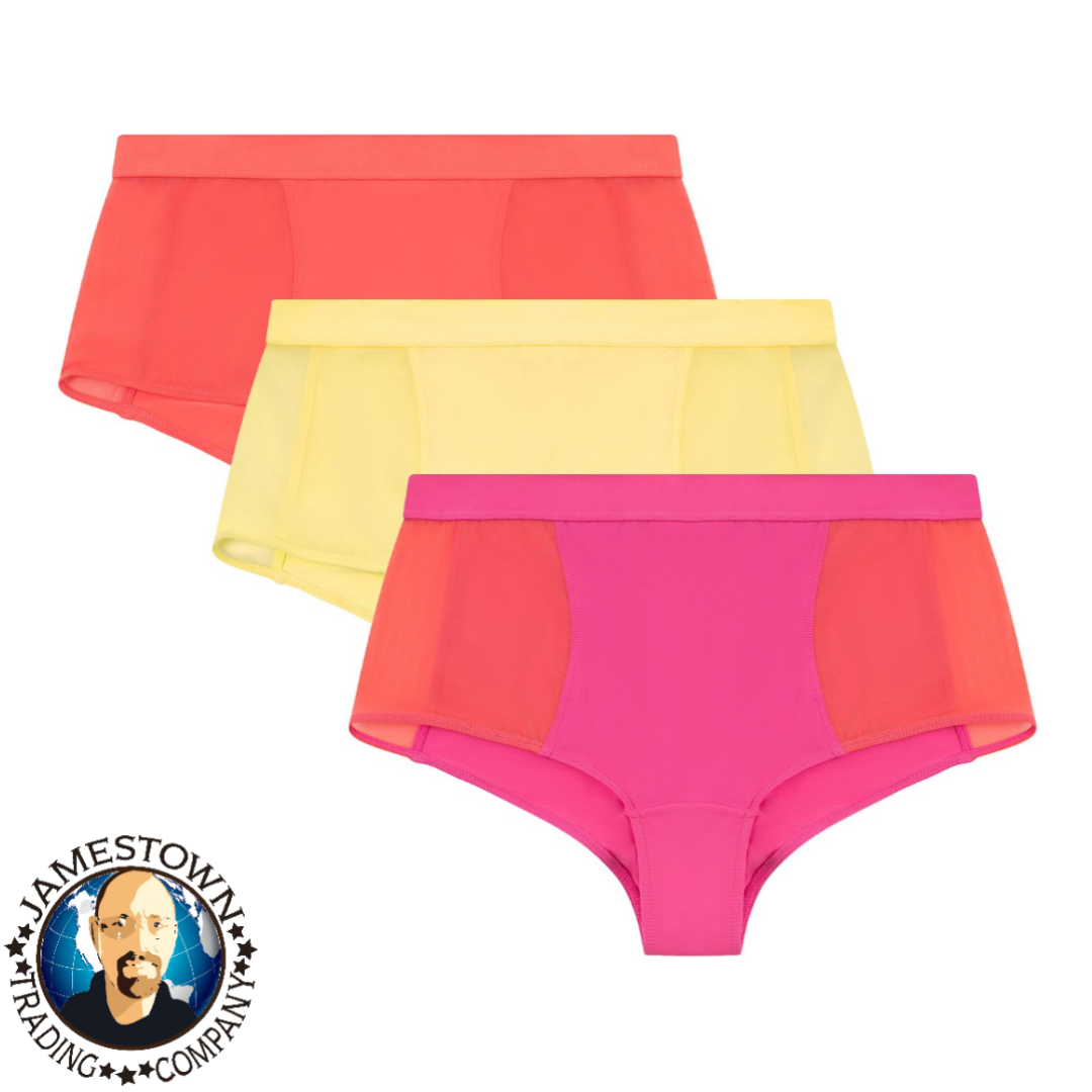 No Boundaries Mesh Madness Boyshort Panties (Junior or Women's), 3 Pack Coral Sunrise, Yellow Chamomile, Racy Pink with Coral Sunshine