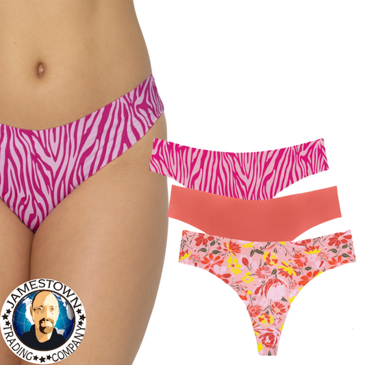 No Boundaries Juniors' No Show Thong Panty, 3-Pack Zebra/Clay Brick/Mod Blooms